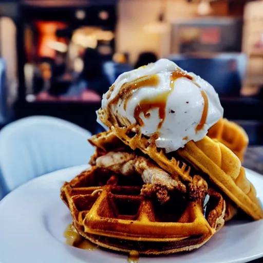 Prompt: photograph of a crispy Cajun fried chicken sandwich with Belgian Waffle Bun, maple syrup & hot fudge, ice cream on the side, 4K, HD