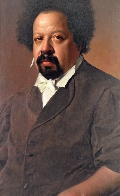 Prompt: Portrait of Alexandre Dumas, oil on canvas, highly detailed, by Kramskoy, 8k