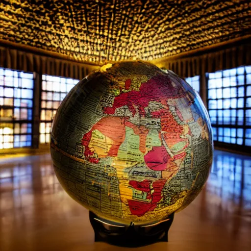 Prompt: medium-shot fantasy world globe in the museum, dreamy mood light, bokeh,