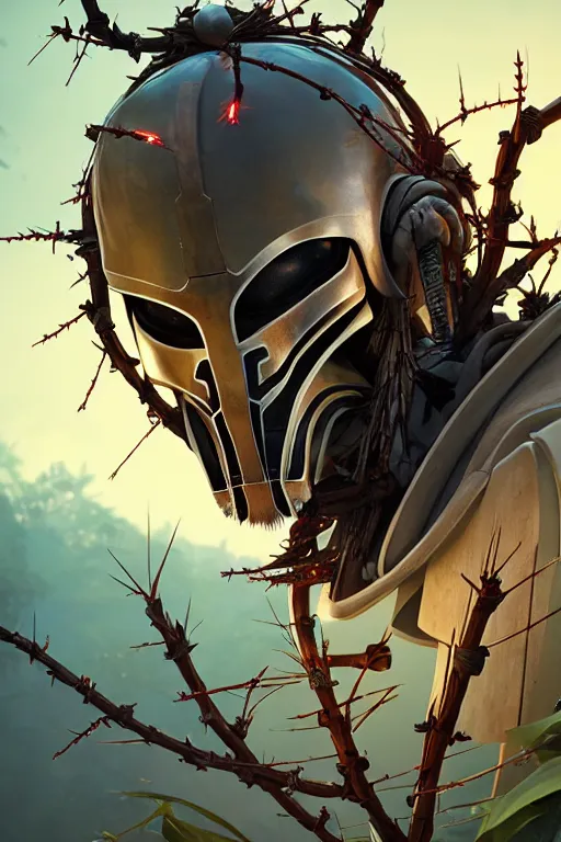 Prompt: general grievous from star wars, a wreath of acacia on his head, wrapped in branches of thorns in space, ultra hd, Painting By Simon Stalenhag, unreal 5, DAZ, hyperrealistic, octane render, dynamic lighting, intricate detail, summer vibrancy, cinematic