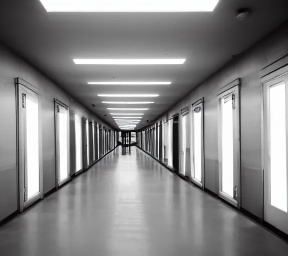 Image similar to spooky photo of an infinite hallway with open lit doorways all the way down, dramatic lighting, smoke, ceiling fluorescent lighting