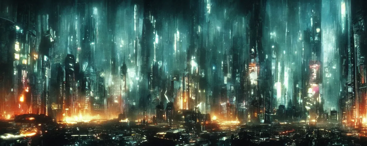 Image similar to a futuristic city from the movie Blade Runner