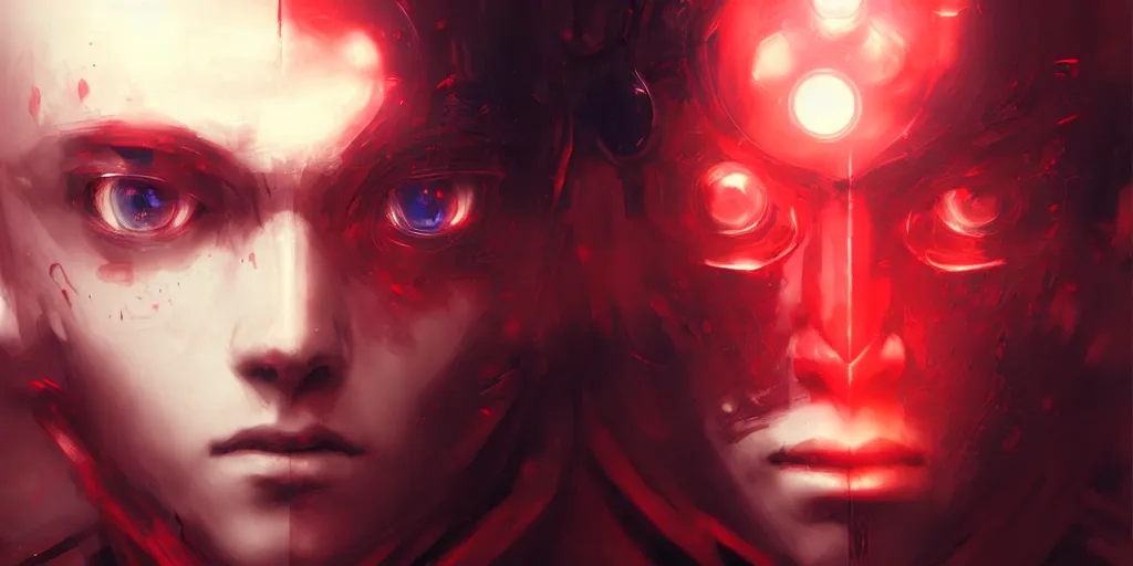 Image similar to beautiful ai robot realistic portrait of anime character, detailed eyes, manly face, crimson red aura, digital fantasy, art by greg rutkowski, aesthetic in 8 k