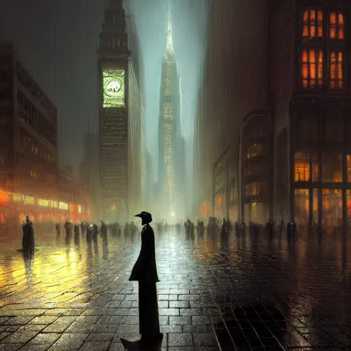 Image similar to a centerpiece statue stands in gotham city, night, wet pavement, street level view, light mist, fantasy, intricate, elegant, digital painting, trending on artstation, concept art, soft focus, illustration by greg rutkowski, edward hopper, 4 k.