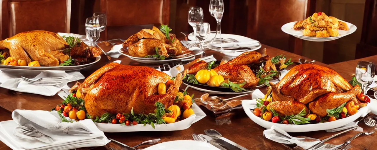 Prompt: Thanksgiving Serving Plate in five-star restaurant. Promotional Advertisement Photo.