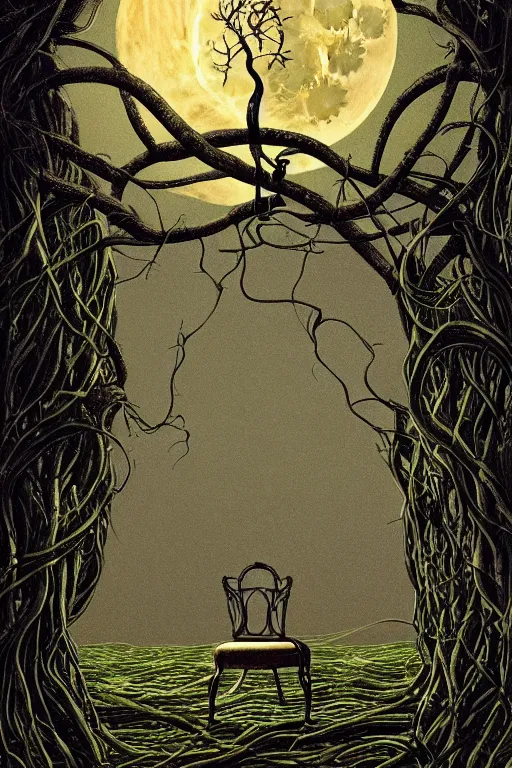 Image similar to a beautiful digital illustration painting of a detailed gothic fantasy full moon and roots, throne chair and vines by giorgio de chirico, and david rios ferreira. 8 k resolution trending on artstation concept art digital illustration