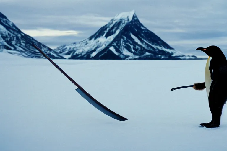 Image similar to movie scene closeup penguin wearing fishbone armor holding a katana sword in a lush arctic. by emmanuel lubezki