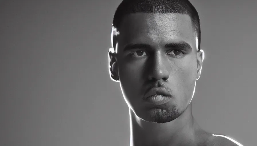 Image similar to high quality studio photo shoot of a male model modelling yeezy inspired futuristic hoddle mockup, final product shot, studio lighting, all round angle. trending on futuristic fashion instagram.