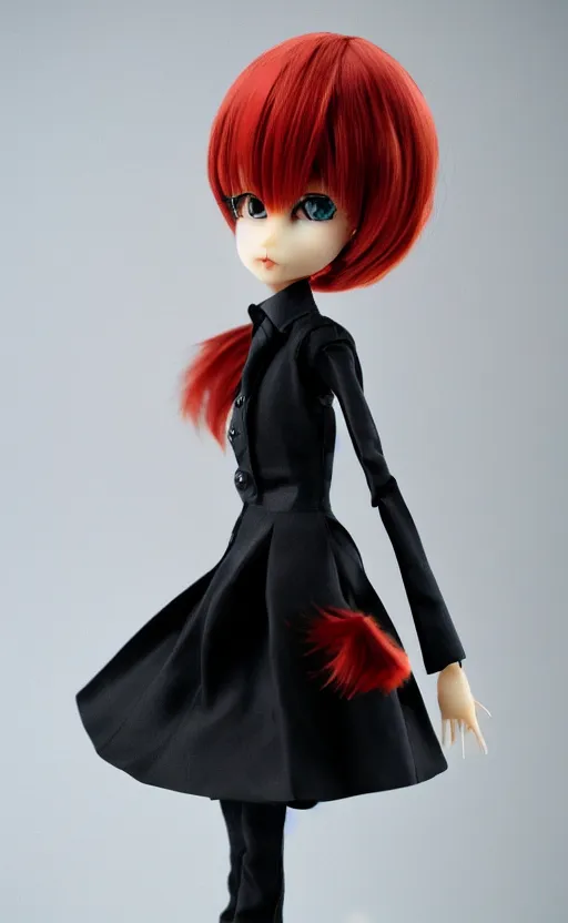 Image similar to dollfie in black office suit with skirt, red hair, blue eyes, fractal flame