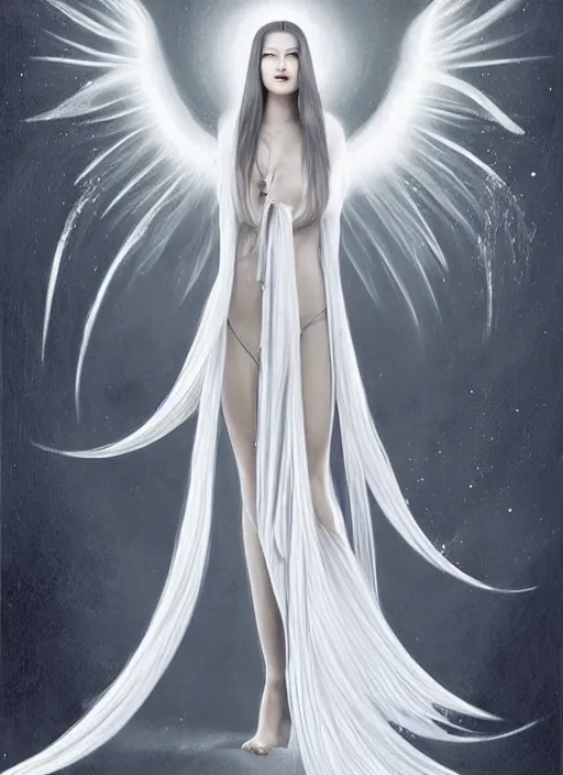 Image similar to tall thin beautiful goddess, pale wan female angel, long flowing silver hair covering her whole body, beautiful!!! painting, young wan angel, flowing silver hair, flowing white robes, flowing hair covering front of body, white robe, white dress!! of silver hair, covered!!, clothed, unexposed, aesthetic, mystery