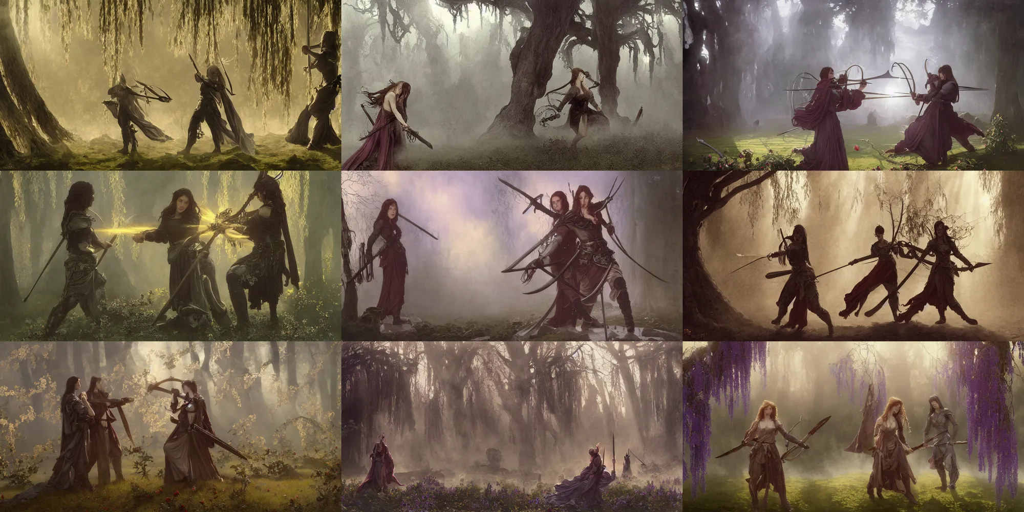 Prompt: Two characters from the game Elden Ring, action poses with weapons, ancient Roman and Victorian Gothic architecture, giant cherry weeping willow trees, god rays, bloom, volumetric fog, moody ambiance, cinematic lighting, twilight, sunset, rose and lavender and amber tones, Bouguereau, Maxfield Parrish, Alphonse Mucha, fantasy, portfolio illustration, highly detailed, trending on Artstation, CGsociety, HQ, 8k, 35mm lens, f2.8, Bokeh,
