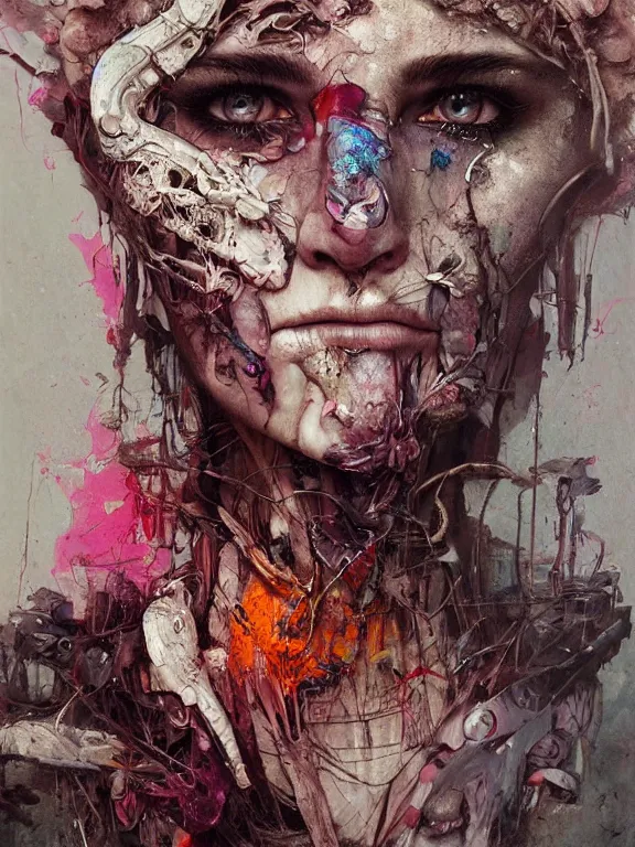 Image similar to art portrait of a decaying flower ,8k,by tristan eaton,Stanley Artgermm,Tom Bagshaw,Greg Rutkowski,Carne Griffiths, Ayami Kojima, Beksinski, Giger,trending on DeviantArt,face enhance,hyper detailed,minimalist,cybernetic, android, blade runner,full of colour,