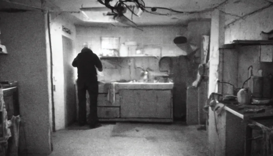 Image similar to a big snake and a old skinny man in a dirty old stalinist style kitchen, mini dv camera found footage, very very low quality picture, heavy grain, caught on security camera, heavy jpeg artifact, night vision very blurry, caught on trail cam, 1 4 4 p, ultra wide lens