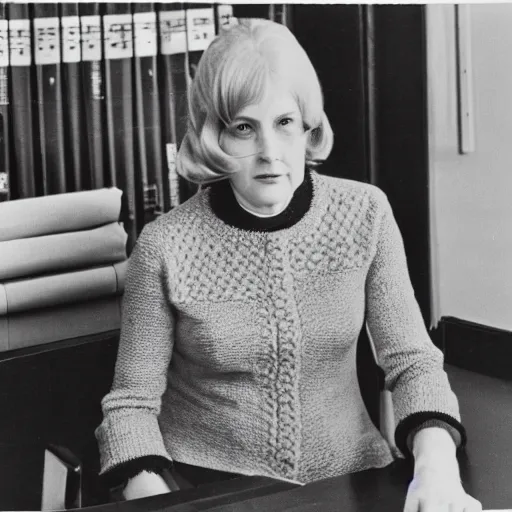 Prompt: a photographic portrait of a secretary sitting behind a desk, clothes in 1 9 7 0 th knitted burda style,