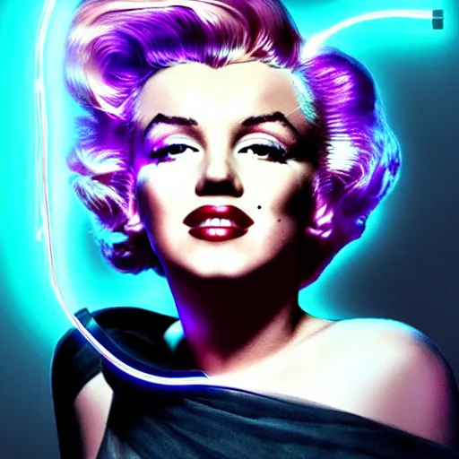Image similar to marilyn monroe portrait, cyberpunk vr headset, futuristic, wires, neon hard lights, realistic, detailed, photography, vogue photoshoot