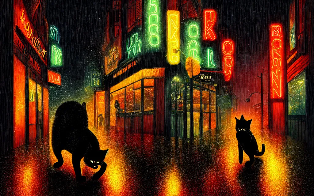 Image similar to black cat running through heavy rain in an emprty neon lit street at night by wlop, ultra detailed color art, high detail, digital art