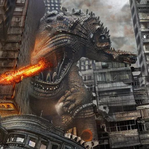 Prompt: a steampunk godzilla monster destroying a brutalist city, render, digital art, intricate detail, award winning cgi, photorealist