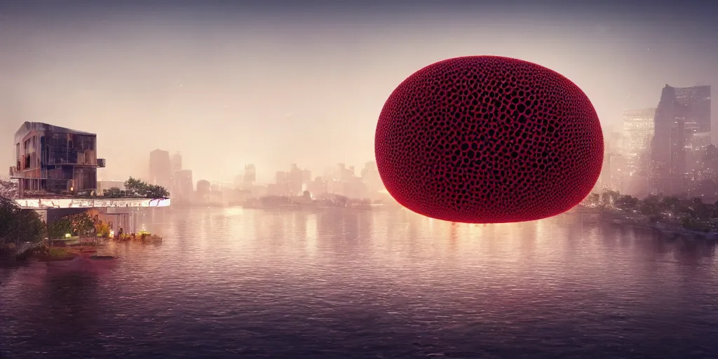 Image similar to An epic architectural rendering of a blob shaped trypophobia house with a mysterious red glow emitting from inside in a modern cityscape next to a river, stunning, gorgeous, golden ratio, photorealistic, featured on artstation, 4k resolution