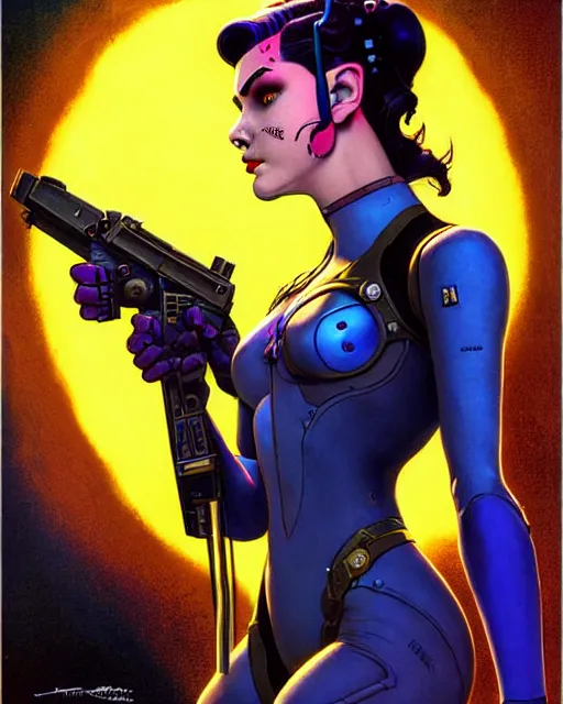 Image similar to widowmaker from overwatch, character portrait, portrait, close up, concept art, intricate details, highly detailed, vintage sci - fi poster, retro future, in the style of chris foss, rodger dean, moebius, michael whelan, and gustave dore