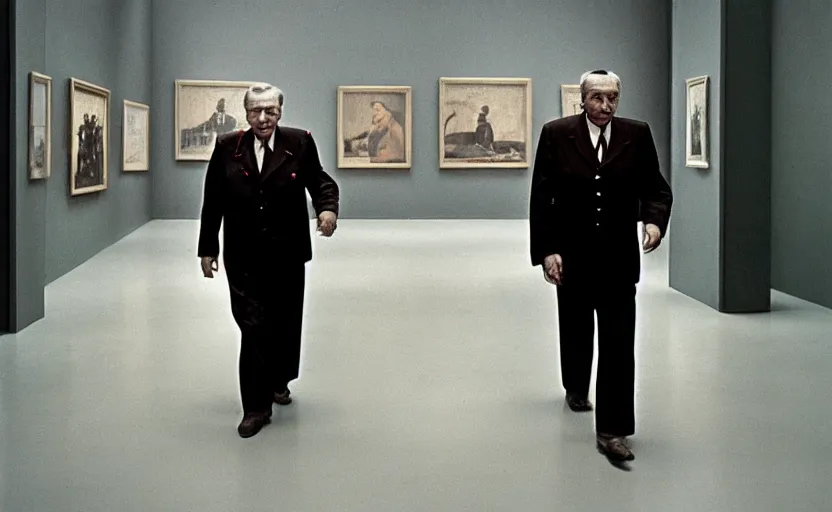 Image similar to 50s movie still close-up portrait of an elder soviet general walking in an empty museum, by David Bailey, Cinestill 800t 50mm eastmancolor, heavy grainy picture, very detailed, low quality, 4k, HD criterion, precise texture and facial expression