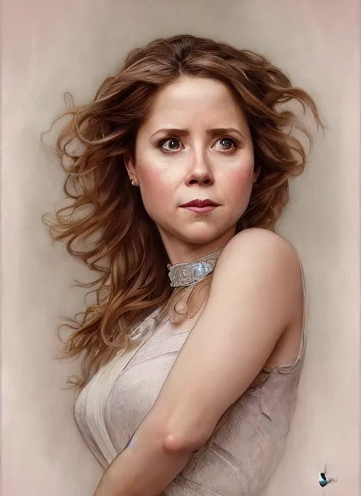 Image similar to beautiful portrait of jenna fischer, by magali villeneuve and greg rutkowski and artgerm and alphonse mucha, intricate, elegant, highly detailed, photorealistic, trending on artstation, trending on cgsociety, 8 k, sharp focus