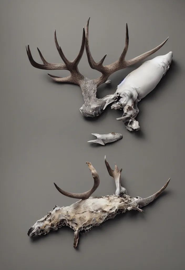 Image similar to delicate animal innards, antlers white bones ,melted wax, sharp slate. complementary color scheme. national geographic. 8k, rendered in octane, smooth gradients. narwhal