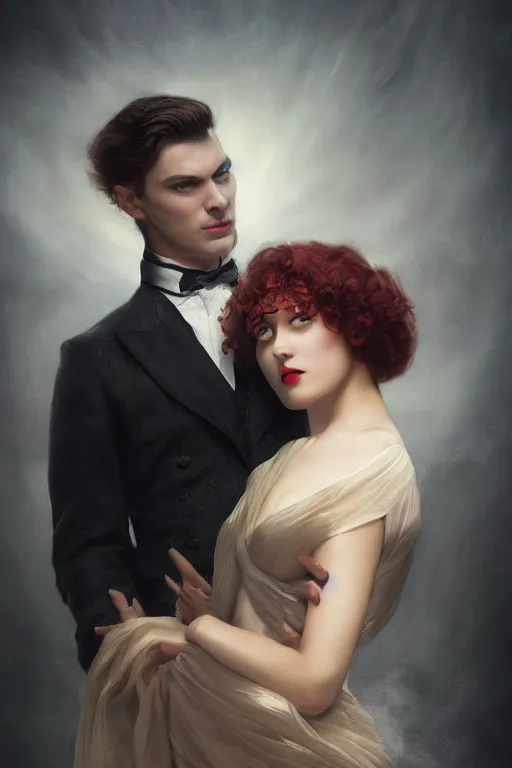 Prompt: a portrait of handsome young evil male Satan and his elegant beautiful wife, bored, illustration, dramatic lighting, soft details, painting oil on canvas, art deco, octane render, HDR, 4k, 8k, HD, by Edmund Blair Leighton, Brom, Charlie Bowater, trending on artstation, faces by Tom Bagshaw, Sargent