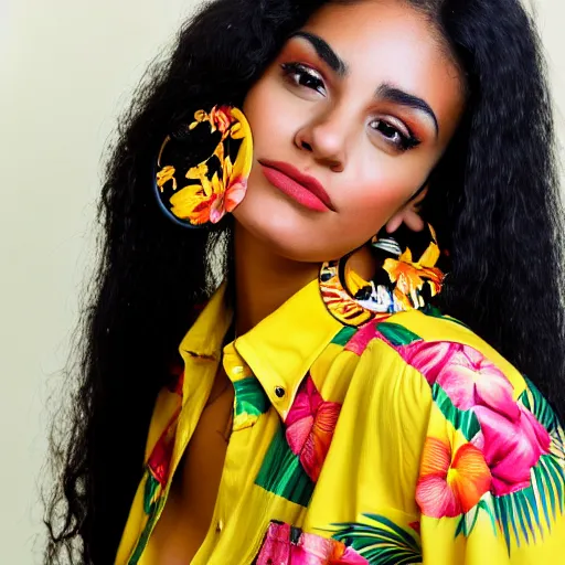 Prompt: a studio photograph of a beautiful latin woman in her mid 2 0's wearing a button down shirt with tropical floral print shirt, large hoop earrings. yellow backdrop.