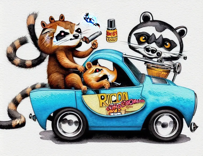 Image similar to cute and funny,'racoon smoking a cigar'riding in a tiny hot rod with oversized engine, ratfink style by ed roth, centered award winning watercolor pen illustration, isometric illustration by chihiro iwasaki, edited by range murata, tiny details by artgerm and watercolor girl, symmetrically isometrically centered