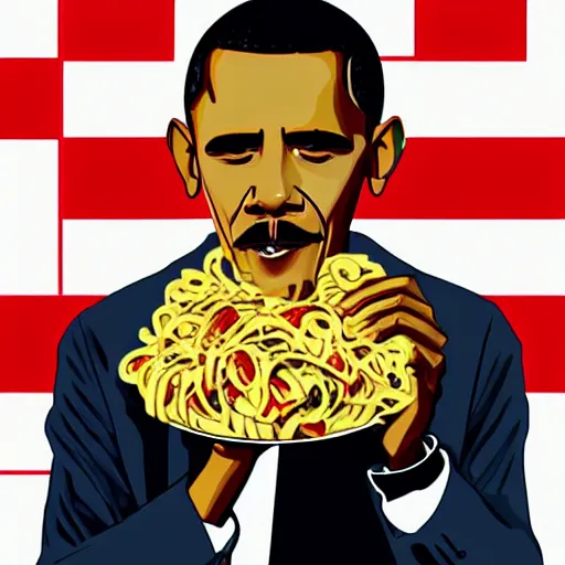 Image similar to Obama with a mustache eating pasta, vaporwave