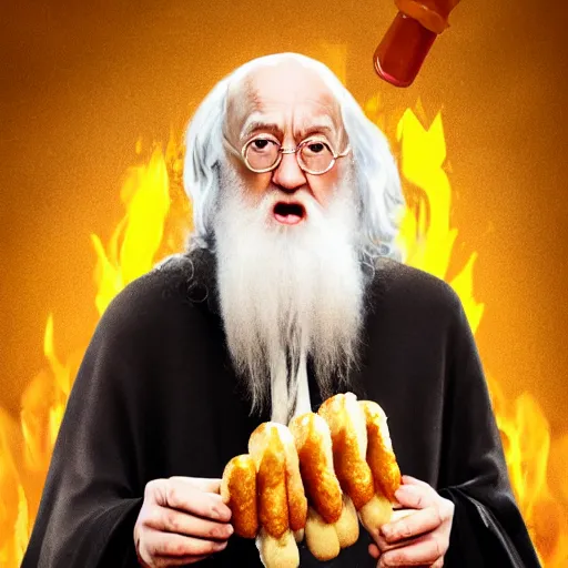 Prompt: Dumbledore from harry potter eating a hot dog messily, mustard and ketchup, high quality image from the movies