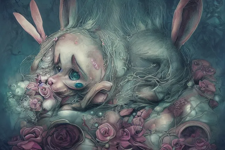 Image similar to Keeping you sane And you fade away just enough, You felt the edge again, You took two pills And you fell asleep, Hugging six rabbits, And having pink nightmares, concept art, trade on artstation, sharp focus, psychedelic, by Yoshitaka Amano, Mark Ryden, Gloom, Peter Mohrbacher, fantasy art, masterpiece, Hyperrealism. Subsurface scattering. Octane Render. Weirdcore