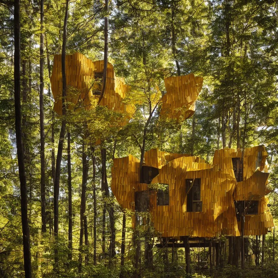 Prompt: a tiny house in the forest, designed by Frank Gehry. Tiles. Film grain, cinematic, yellow hue