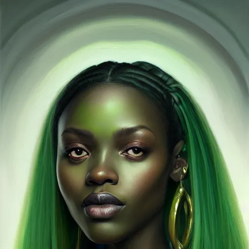 Prompt: a detailed matte oil on canvas head on symmetrical portrait of black skinned woman with long white and ( ( pale green ) ) hair, clothed by charlie bowater, lise deharme, wlop, trending on artstationhd, dungeons and dragons art critical role