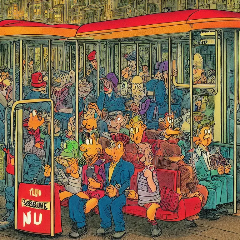 Image similar to some people waiting in bus stop in quiet dark city night, detailed, high quality, high resolution, color illustration by don rosa