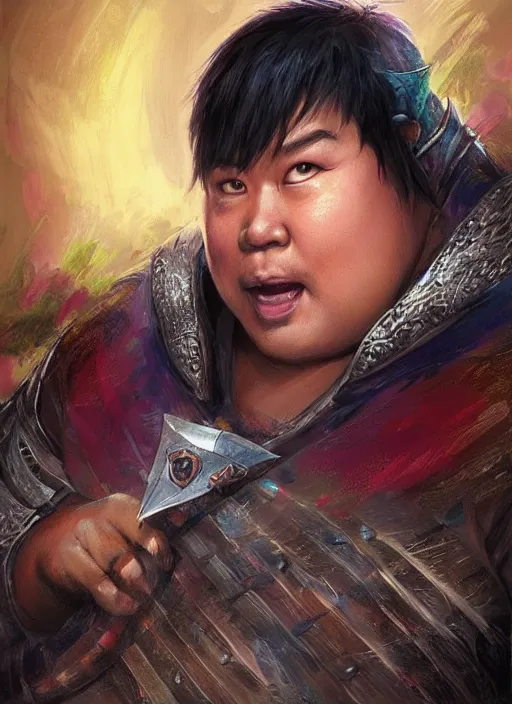 Image similar to slightly chubby asian man with medium black parted hair, dndbeyond, bright, colourful, realistic, dnd character portrait, full body, pathfinder, pinterest, art by ralph horsley, dnd, rpg, lotr game design fanart by concept art, behance hd, artstation, deviantart, hdr render in unreal engine 5