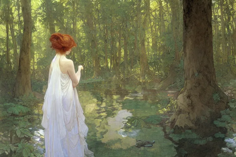 Prompt: a beautiful painting of the back view of a young lady in white dress sitting by the river in a grown forest, sunlight reflected on the river, Mucha, Moebius, Mohrbacher