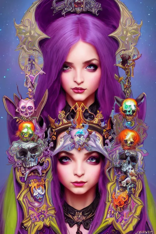 Image similar to a full body portrait of the lisa frank world of warcraft character art, gothic, highly detailed, digital painting, crown of skulls, artstation, smooth, sharp focus, illustration, art by artgerm and greg rutkowski and alphonse mucha and william - adolphe bouguereau