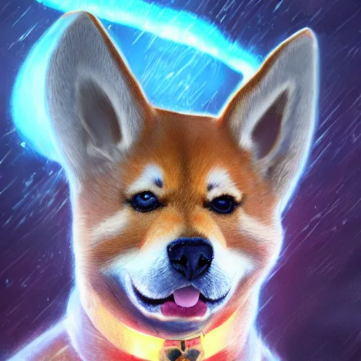 Image similar to a painting of a shiba inu with dragon wings, hd, hdr, ue 5, ue 6, unreal engine 5, cinematic 4 k wallpaper, 8 k, ultra detailed, high resolution, artstation, award winning