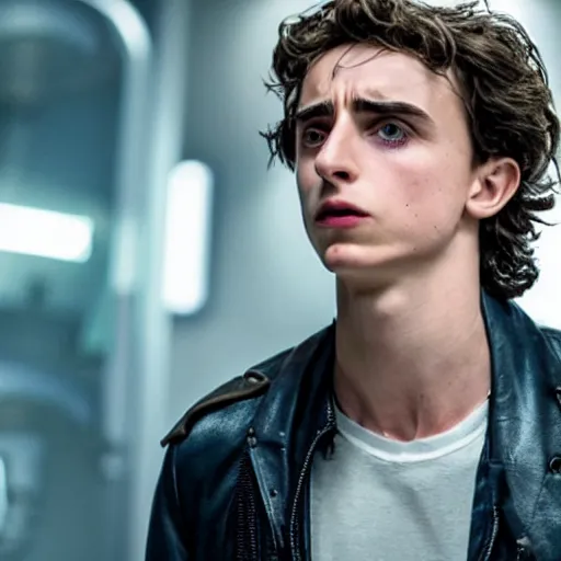 Image similar to new 4k still from 2023 Terminator reboot staring Timothy Chalamet as terminator