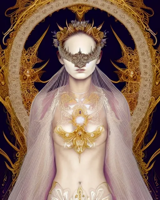 Image similar to beautiful ethereal maiden in a ivory masquerade mask intricate ornate fractal-lace and gemstones, wearing stunning ivory dress, ivory gold iridescent, full view, soft lighting, vivid, Hyperdetailed, 4k hd matte painting by Artgerm, Greg Rutkowski, Klimt, James Jean, 8k resolution, enchanting and otherworldly, Artstation, CGsociety, detailed, front view