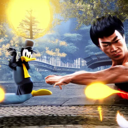 Image similar to gameplay screenshot of bruce lee vs donald duck in mortal kombat 1 1,