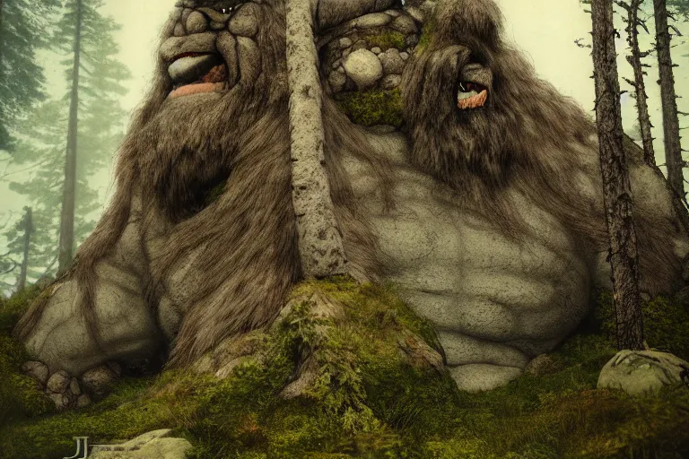 Image similar to huge mountain troll in a swedish forest, very low angle photograph, very detailed, trending on artstation, realistic, soft colors, illustration by john bauer