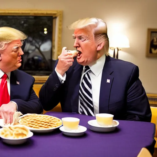 Image similar to photograph of trump and Biden sitting and eating breakfast at a Wafflehouse