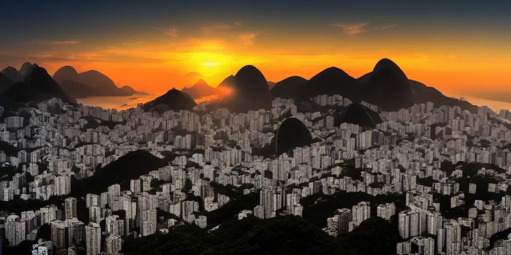 Prompt: sunset, pao de acucar in rio de janeiro brazil, trending on artstation, digital art, distant mountain, fog, city lights, low dof, professional photography, realism style, fallout 5