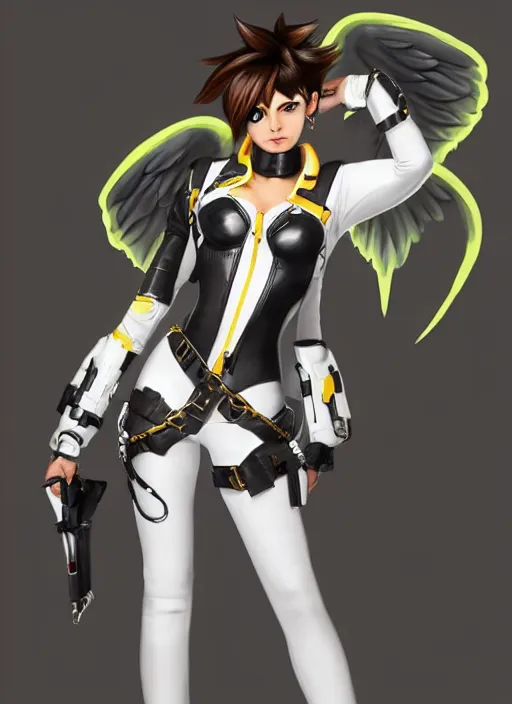 Image similar to full body artwork of tracer overwatch, wearing white latex and leather straps catsuit outfit, in style of mark arian, angel wings, dramatic painting, wearing detailed leather collar, chains, black harness, detailed face and eyes,