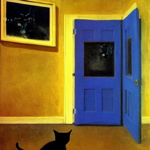 Prompt: a black winged cat in a blue and gold haunted liminal abandoned room, film still by edward hopper, by gottfried helnwein, by klimt, art noveau, highly detailed, strong lights, liminal, eerie, bright pastel colors,