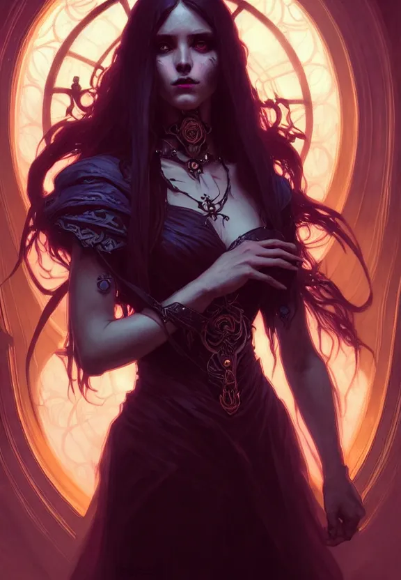 Image similar to Necromancer Sorceress in center, fantasy magic, undercut hairstyle, dark light night, intricate, elegant, sharp focus, illustration, highly detailed, digital painting, concept art, matte, art by WLOP and Artgerm and Greg Rutkowski and Alphonse Mucha, masterpiece