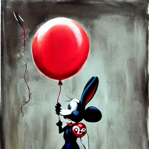 Image similar to grunge painting of bugs bunny with a wide smile and a red balloon by chris leib, loony toons style, pennywise style, corpse bride style, horror theme, detailed, elegant, intricate