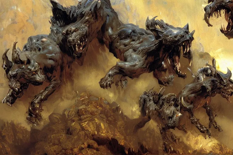 Prompt: hyperdetailed matte art of cerberus by ilya repin, amano, salvador dali, craig mullins